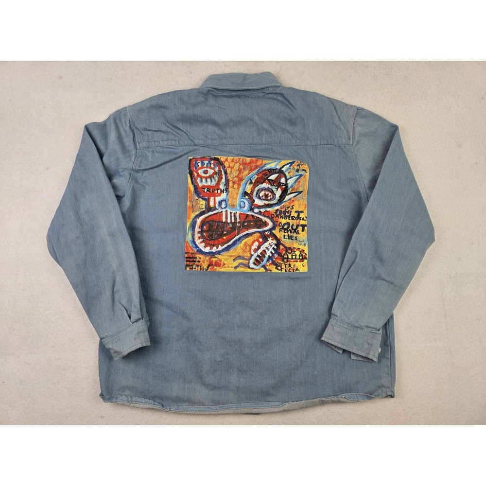 Apathy Truths Denim Jean-Michel Basquiat Style Long Sleeve Button Shirt Mens L
